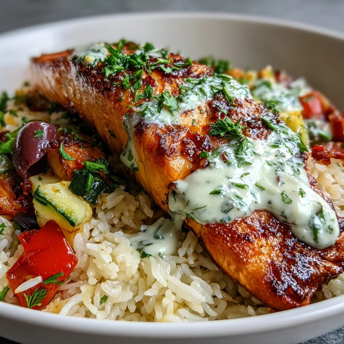 Golden crispy rice layered with tender salmon and colorful Mediterranean veggies, finished with a zesty lemon-yogurt drizzle and fresh herbs.