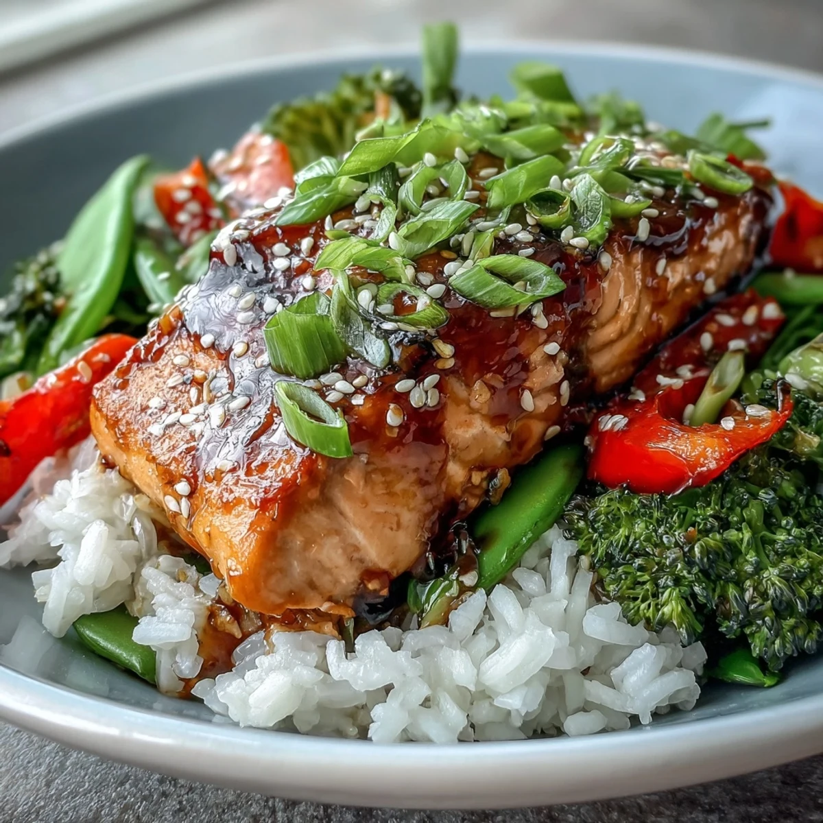 This Teriyaki Salmon Bowl features crisp broccoli and bell peppers, drizzled with savory-sweet sauce for a vibrant dinner.