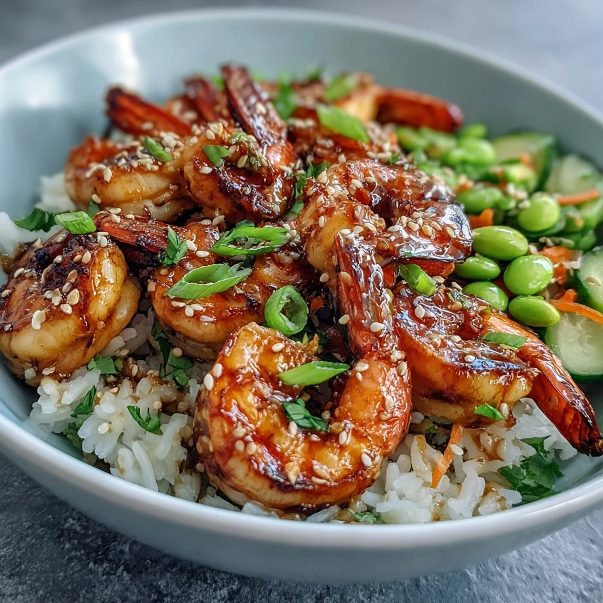 Vibrant Asian Shrimp Bowl with edamame, carrots, and cucumbers, finished with sesame seeds and scallions.