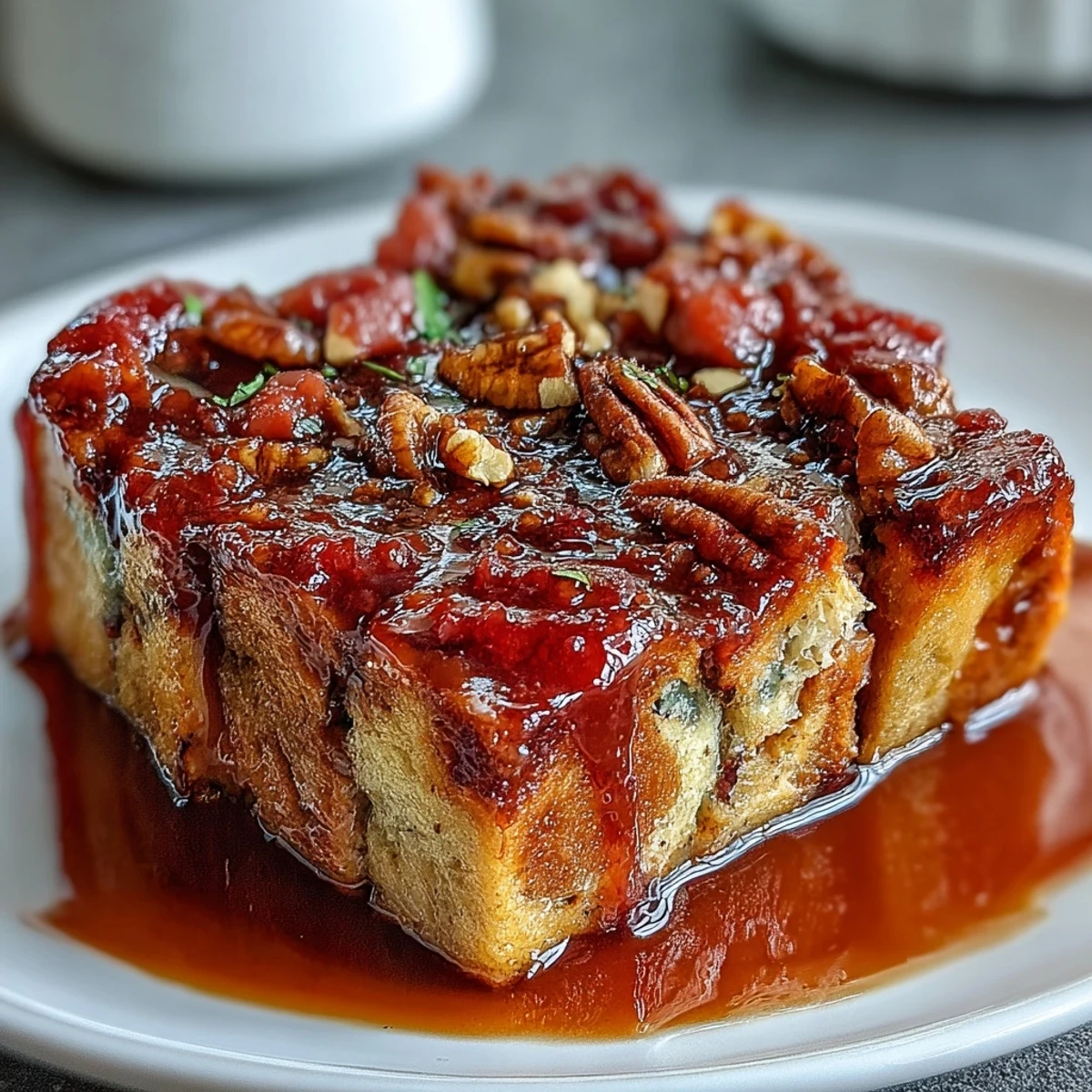 Golden Guava Caramel Bread Pudding With Pecans fresh from the oven, drizzled with sticky sauce and served warm with vanilla ice cream melting on top.