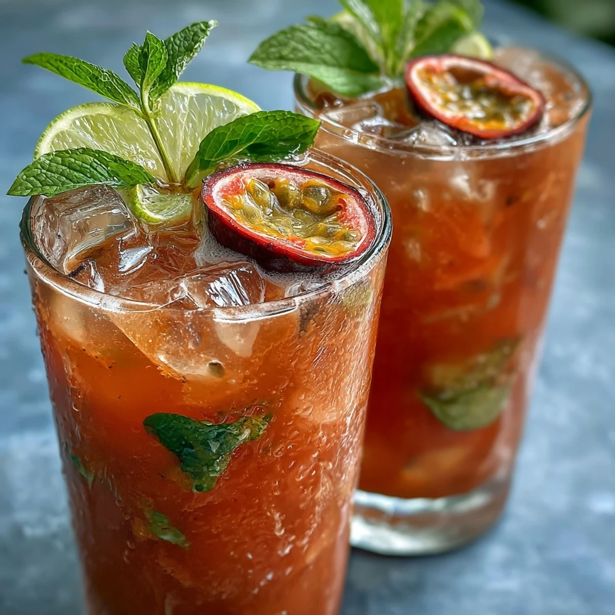 Creamy coconut milk swirls into sweet guava and passionfruit juices, poured over ice in the DIY Iced Guava Passionfruit Drink.