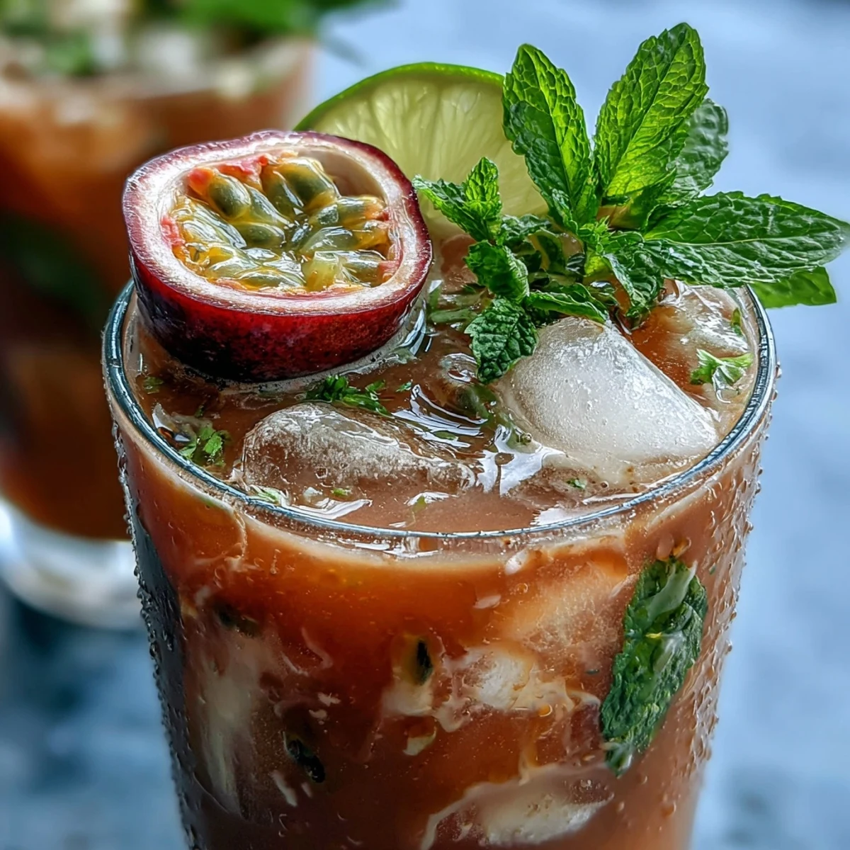 A refreshing DIY Iced Guava Passionfruit Drink stands ready to serve, featuring pineapple juice and a frothy coconut milk blend.