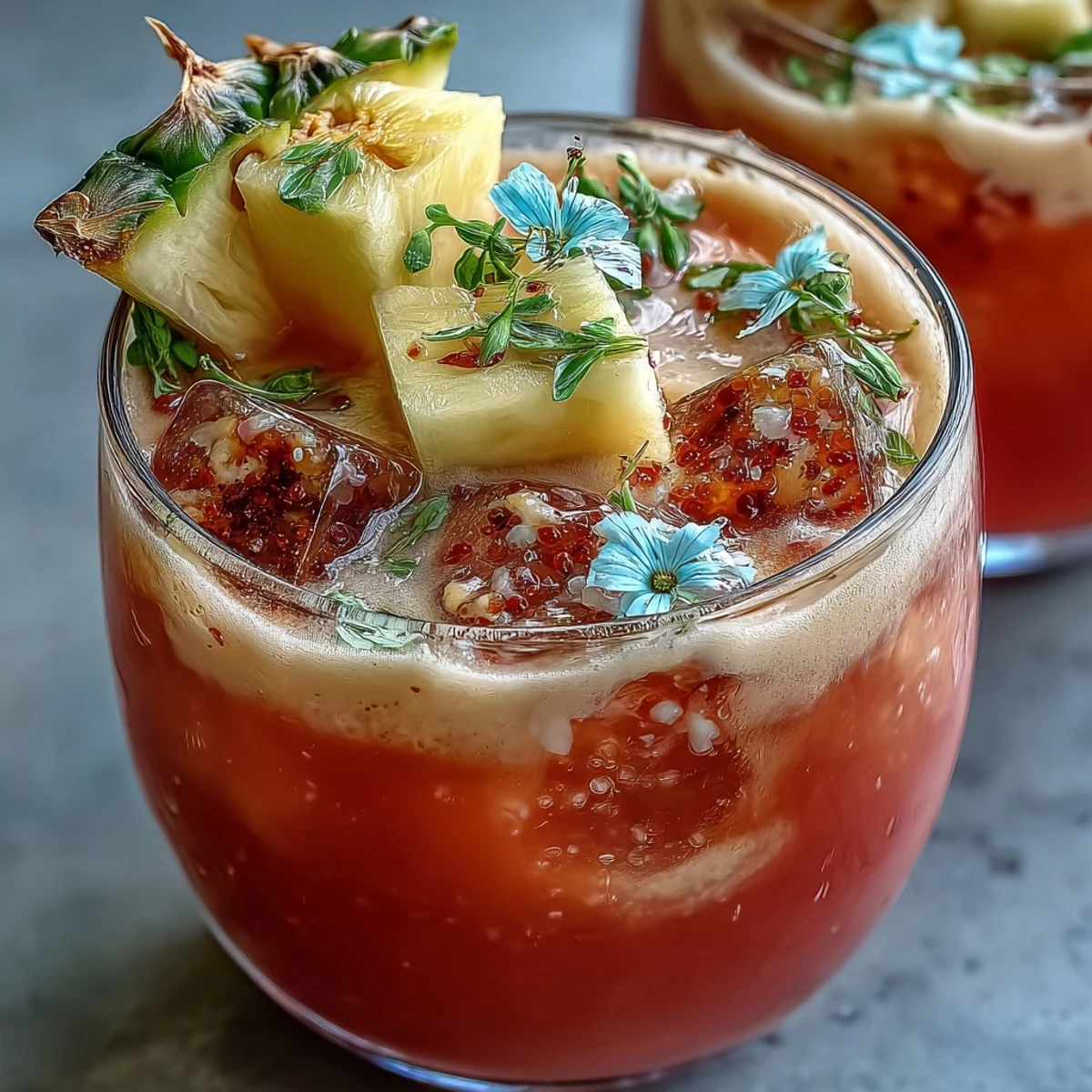 A tall glass of homemade Iced Guava Passionfruit Drink with ice cubes and a pineapple garnish.