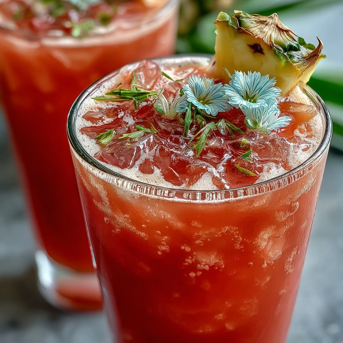 Close-up of a refreshing Iced Guava Passionfruit Drink featuring a pineapple wedge and edible flowers.