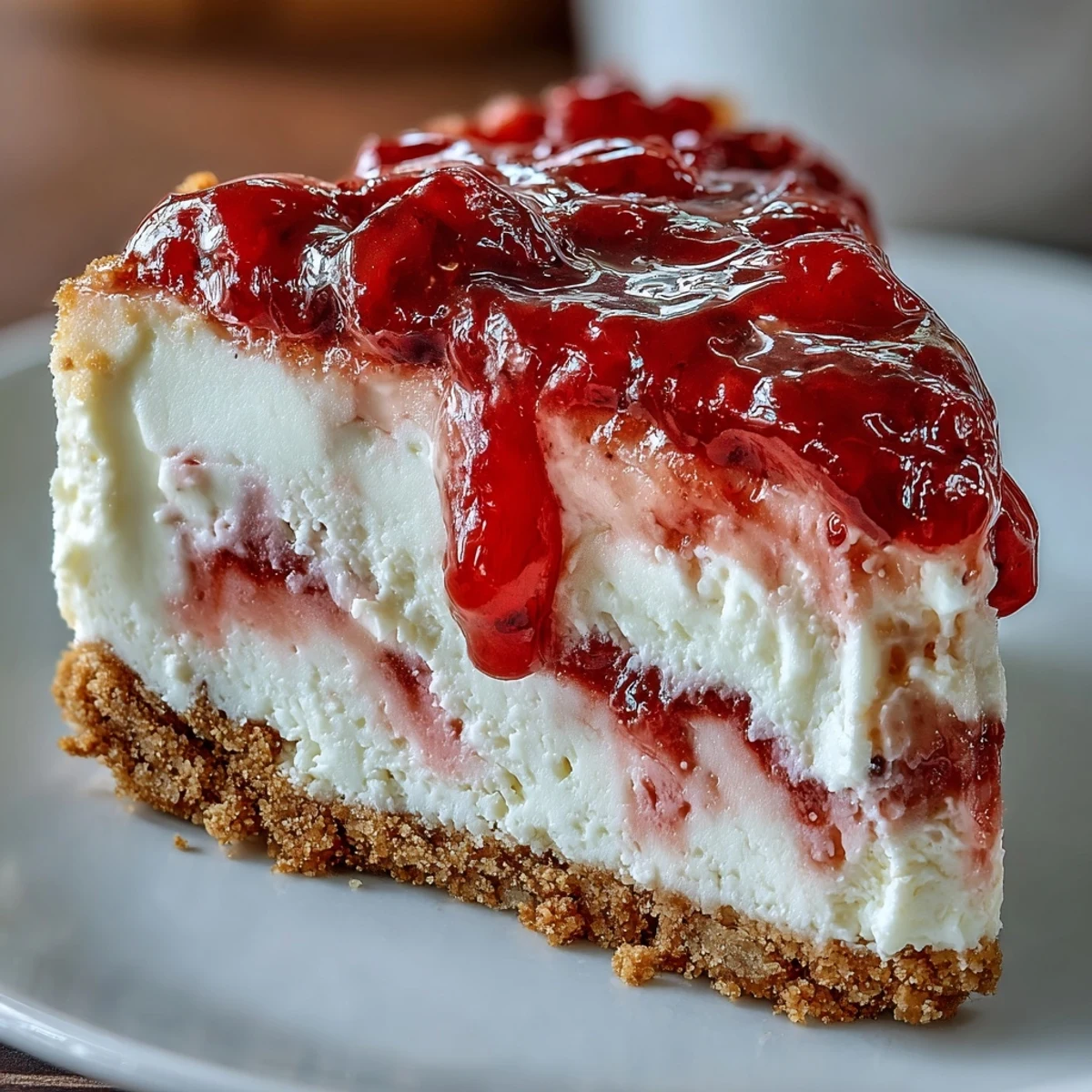 A slice of creamy tropical Easy Guava Swirl Cheesecake topped with lime zest. 