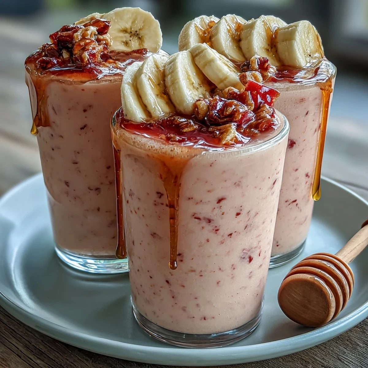 A frosty Guava Juice Smoothie topped with fresh mango slices, served alongside breakfast pastries on a bright table.
