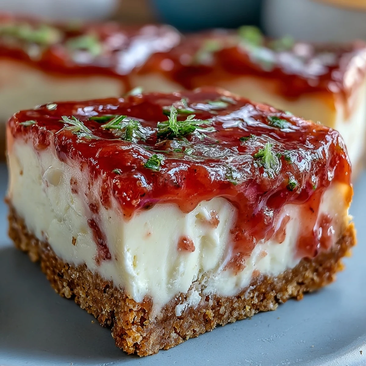 A slice of Guava Cheesecake reveals creamy filling and a tangy fruit swirl, served on a white plate with a fork.