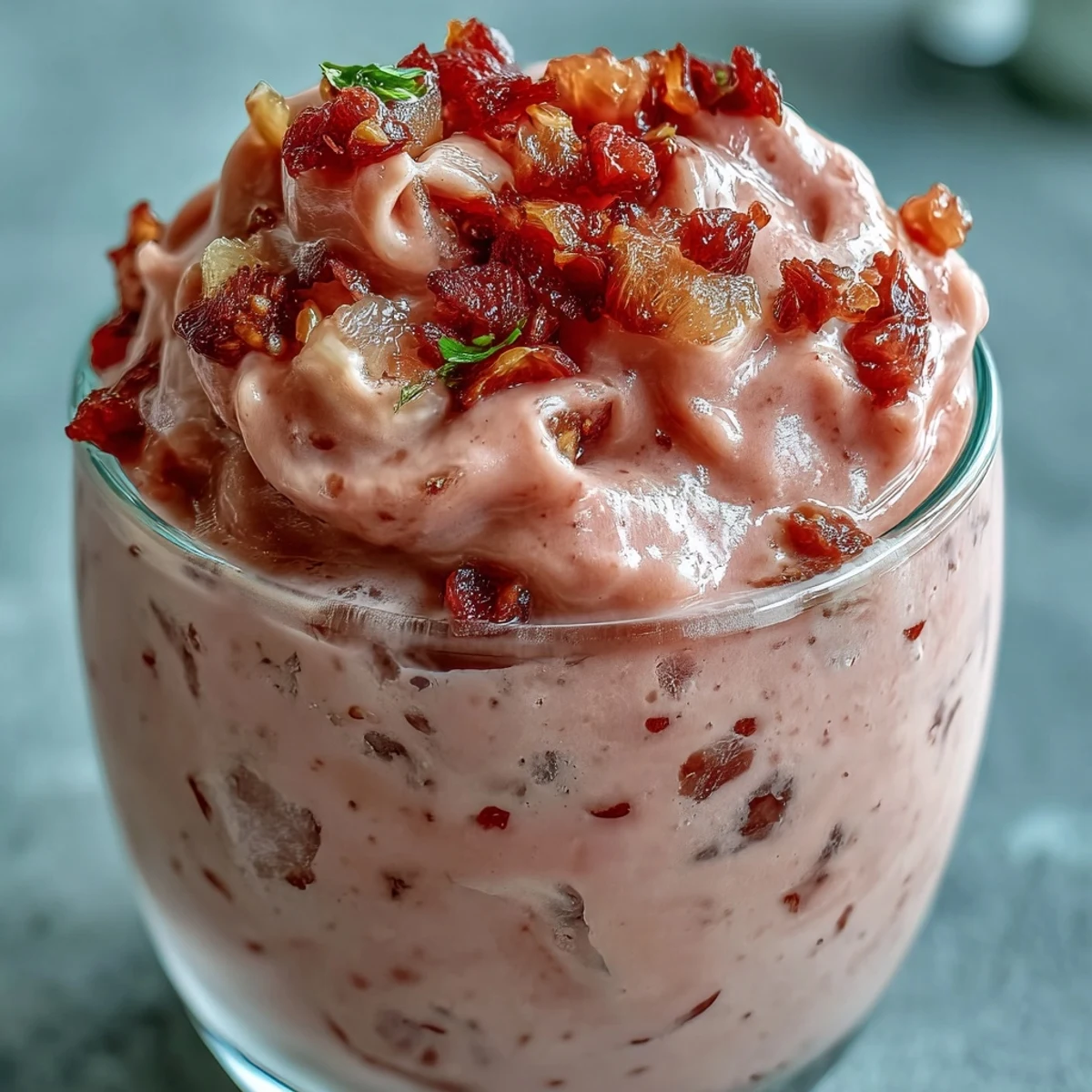 Creamy Guava Banana Smoothie served in a tall glass, garnished with fresh banana slices and guava fruit chunks.