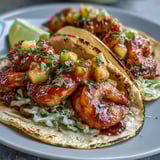 Close-up of Sriracha Shrimp Tacos with Mango Salsa on a rustic table, garnished with lime wedges for a zesty, tangy finish.