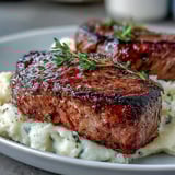 Tender, pan-seared venison steaks rest on a bed of buttery caraway crushed swede, ready to serve.