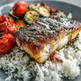 A vibrant Pan-Seared Fish Bowl with golden-brown cod fillets, colorful roasted vegetables, and a generous pour of zesty lemon sauce over the rice, ready to serve.