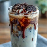 Indulgent cookies and cream cold brew featuring smooth cold brew coffee, sweet cream, and crushed chocolate cookies.