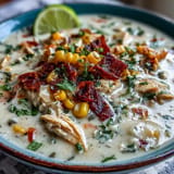 Hearty, smoky Street Corn Chicken Chowder served hot in a bowl.