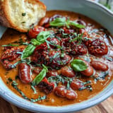 Comforting Roasted Tomato Butter Bean Soup topped with fresh basil.
