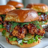 Golden fried chicken sandwich with sweet heat and tangy pickle, perfect bite.