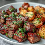 Seared steak bites and roasted potatoes coated in rich garlic butter sauce.