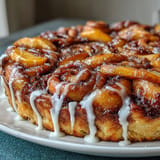 Golden brown peach cobbler cinnamon roll casserole baked with tender peaches and sweet glaze.