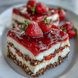 A vibrant strawberry pretzel jello salad, layered with fruit and a sweet crust.