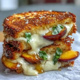 Juicy peaches and hot honey create a sweet and spicy grilled cheese delight.