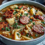 Comforting Cabbage and Sausage Potato Soup, a delicious meal perfect for a cold evening.