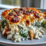 Comforting Creamy Chicken Broccoli Cheddar Rice Bake with tender chicken, vibrant broccoli.