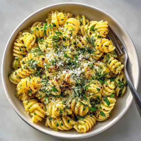 Close-up shows vibrant bowl of Lemon Basil Pickle Pasta speckled with basil and cheese.