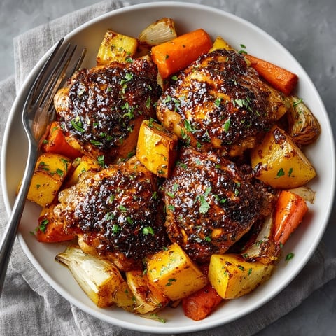 Sticky Maple Mustard Chicken Thighs glistening, roasted with colorful root vegetables.