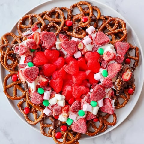 The Grinch's Heart Pretzel Board with colorful fruits, candies, and pretzels for festive snacking.
