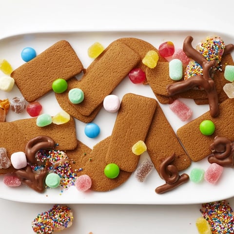 Whimsical Candy Land Gingerbread Path dessert board with colorful candies ready to eat.