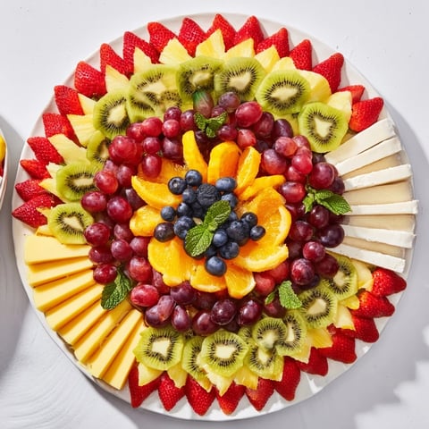 Vibrantly arranged Kaleidoscope Circle appetizer platter with colorful fruit and cheese wedges ready to serve.