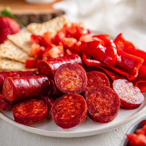 Vibrant Crimson Tide: Spicy chorizo, sweet cherries, and red peppers atop crispy white crackers.