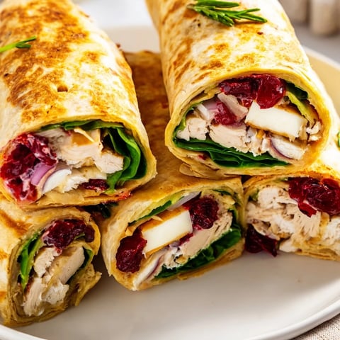 Golden-brown Chicken and Brie Holiday Wrap, melty brie oozing from a toasted tortilla.