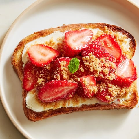 Strawberry Cheesecake Toast: A delightful close-up of creamy, strawberry-topped toast on a plate.