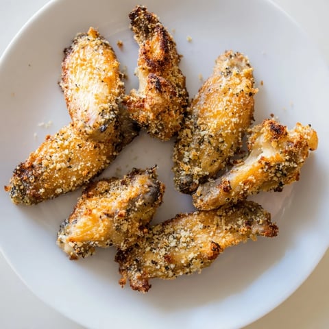 Crispy baked Parmesan chicken wings: golden, flavorful appetizer perfect for sharing with friends.