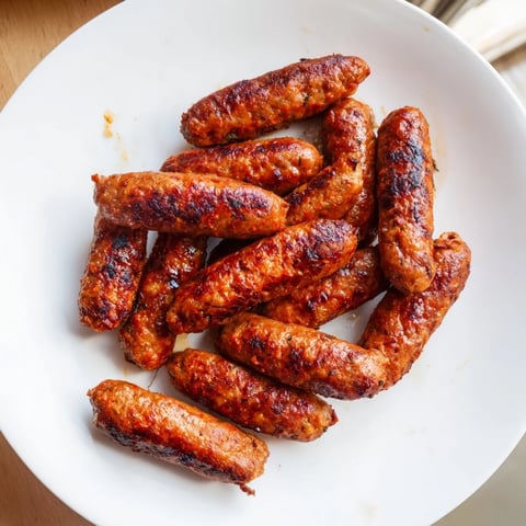 Grilled Romanian mici sausages, browned and sizzling, ready to enjoy with mustard.