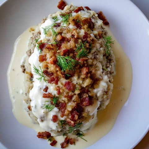 Steaming hot Lithuanian Cepelinai dumplings with savory pork filling, served with bacon sauce.