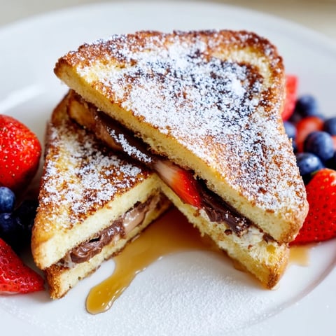 Golden-brown Nutella Brioche French toast slices, dusted with powdered sugar and served with fresh raspberries on a white plate.  