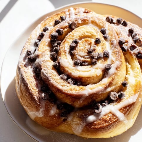 Golden-brown Nutella Chocolate Chip Rolls fresh from the oven, drizzled with white icing and sprinkled with extra chocolate chips on a rustic wooden board.