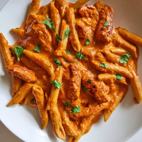 Creamy chicken tikka pasta garnished with fresh cilantro, served in a skillet for a cozy weeknight meal.