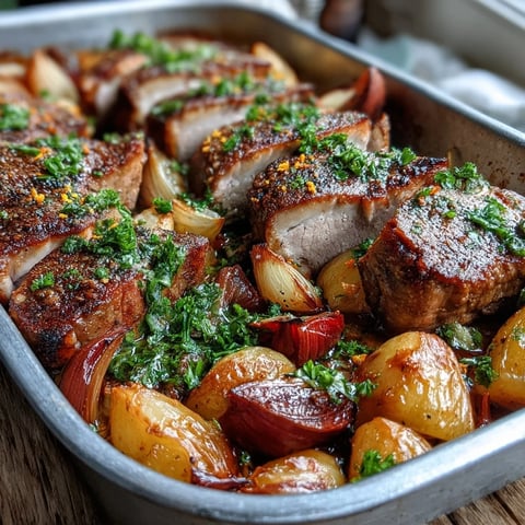 Freshly roasted Pork and Aromatic Rhubarb Traybake features tender pork slices and glazed rhubarb spears alongside caramelized red onion wedges. Fresh parsley garnish is visible on a dark serving platter, perfect for an easy weeknight dinner.
