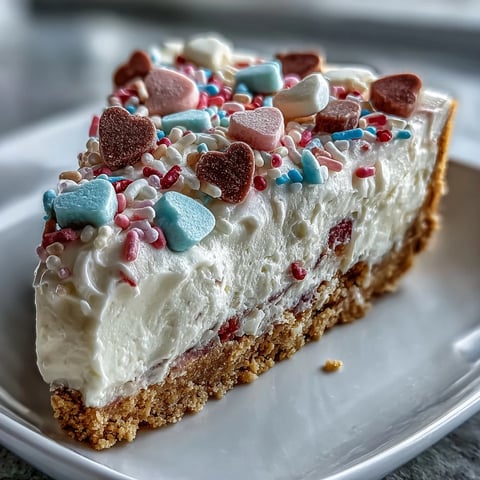 Candy Hearts Fake Cake features a creamy no-bake cheesecake slice with pink frosting and colorful conversation hearts for a sweet treat.