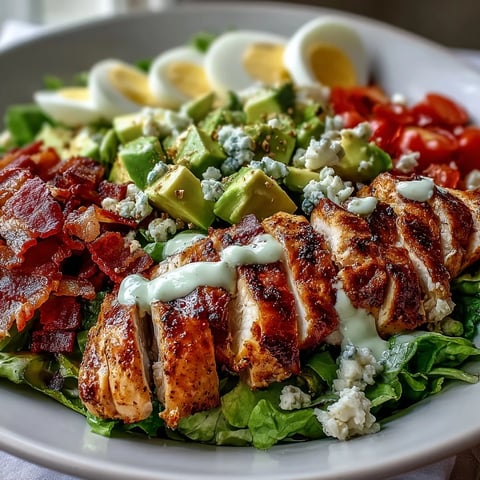 A vibrant Cobb Salad Bowl showcases grilled chicken, crispy bacon, creamy avocado, and blue cheese on fresh greens.