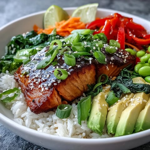Garnished Soy Ginger Salmon Bowl with avocado and sesame seeds, served over fluffy rice and vibrant Asian vegetables.