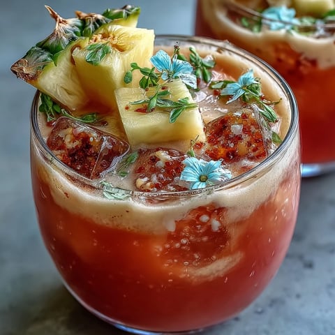 A tall glass of homemade Iced Guava Passionfruit Drink with ice cubes and a pineapple garnish.