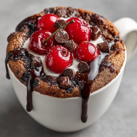 Easy Cherry Cola Mug Cakes: Up-close and personal look; moist, sweet treat.