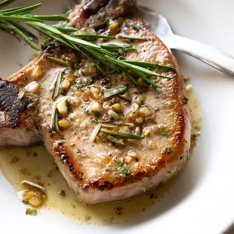 Sizzling Garlic Rosemary Pork Chops in a hot skillet with fragrant, buttery rosemary sauce.