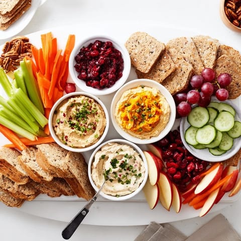 Festive Thanksgiving Dip Board showcasing assorted hummus, colorful veggies, and crunchy crackers.  