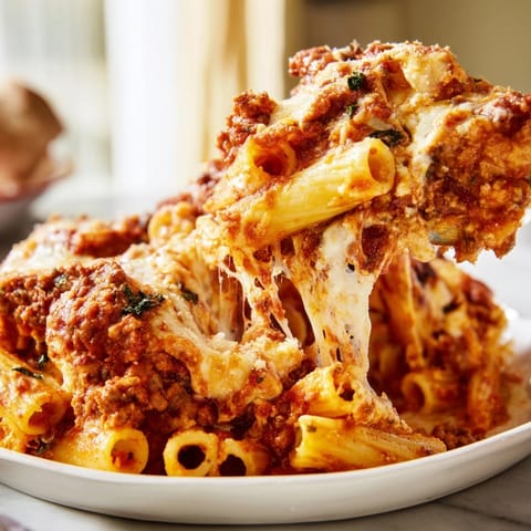 A hearty Baked Ziti with Meat Sauce, perfect for cozy family gatherings.  