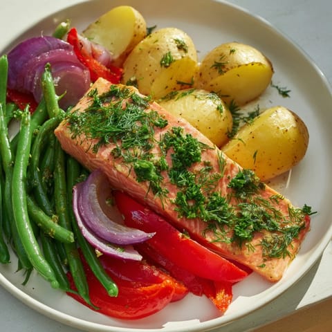 A delicious close-up of tender Lemon Herb Salmon & Potato, showcasing roasted vegetable textures.