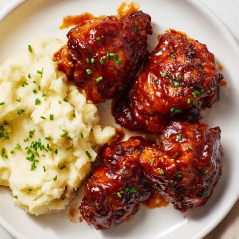 Juicy honey BBQ chicken thighs, perfectly glazed, paired with creamy garlic mashed potatoes, a real warm plate.
